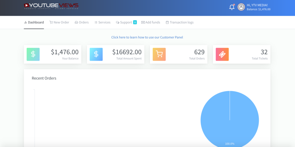 YouTubeViews Customer Panel dashboard