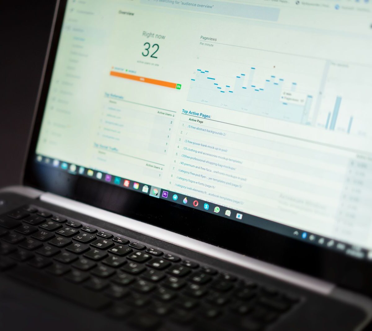 Laptop showing a real-time analytics dashboard with views and traffic charts